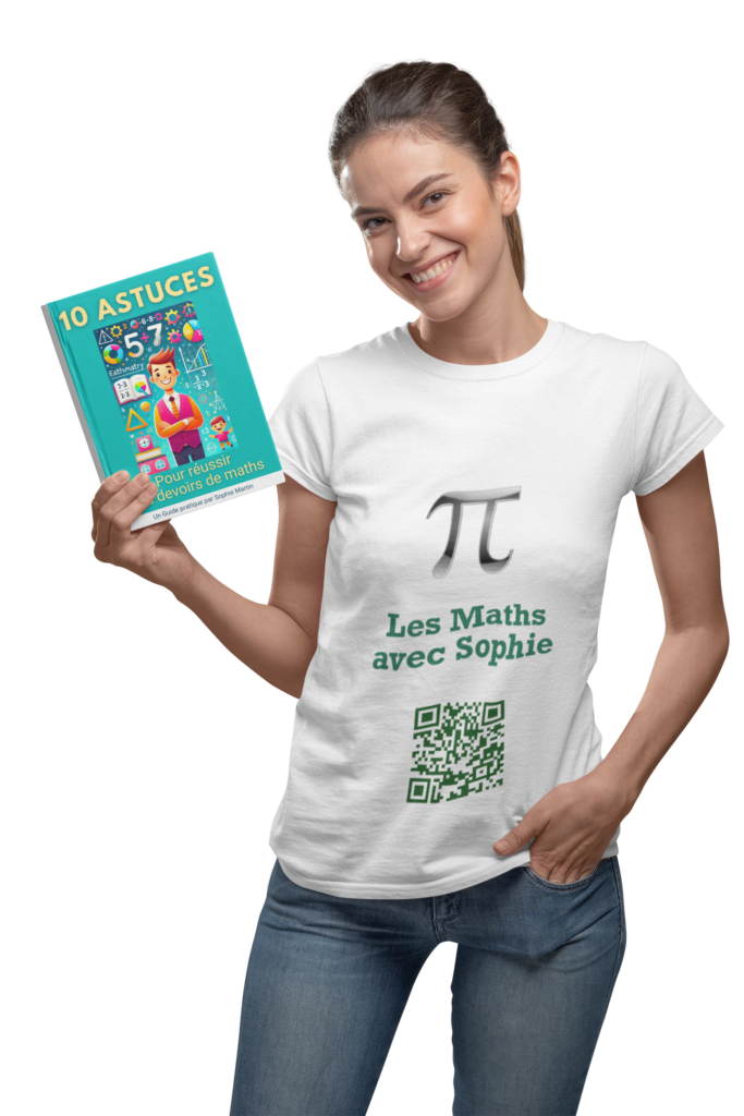 Une adolescente avec un tee-shirt flocké "Les Maths Avec Sophie" tient à la main son ebook gratuit "10 astuces pour réussir vos devoirs de maths.