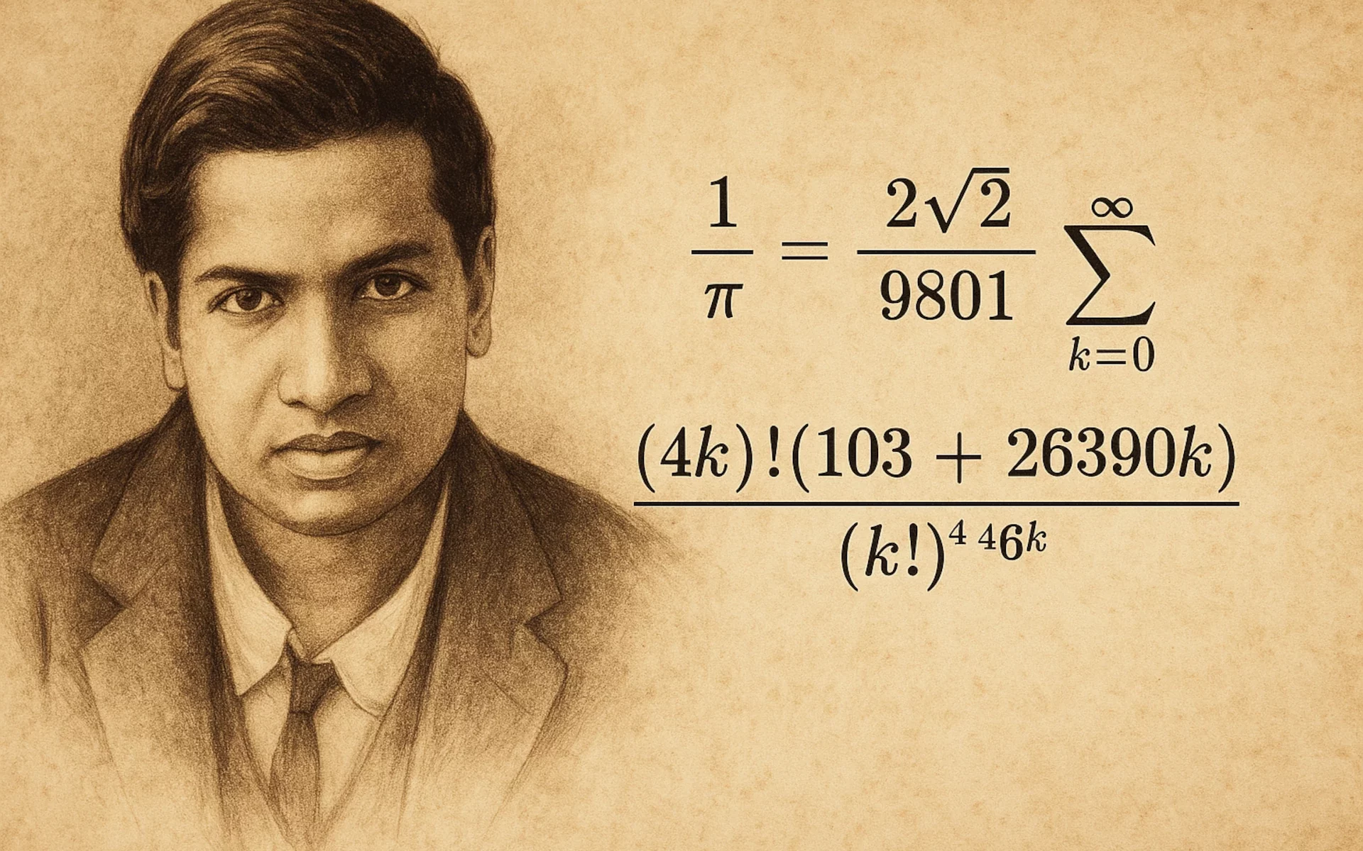 Portrait réinterprété de Ramanujan avec une de ses formules célèbres, illustrant son génie et son intuition mathématique.