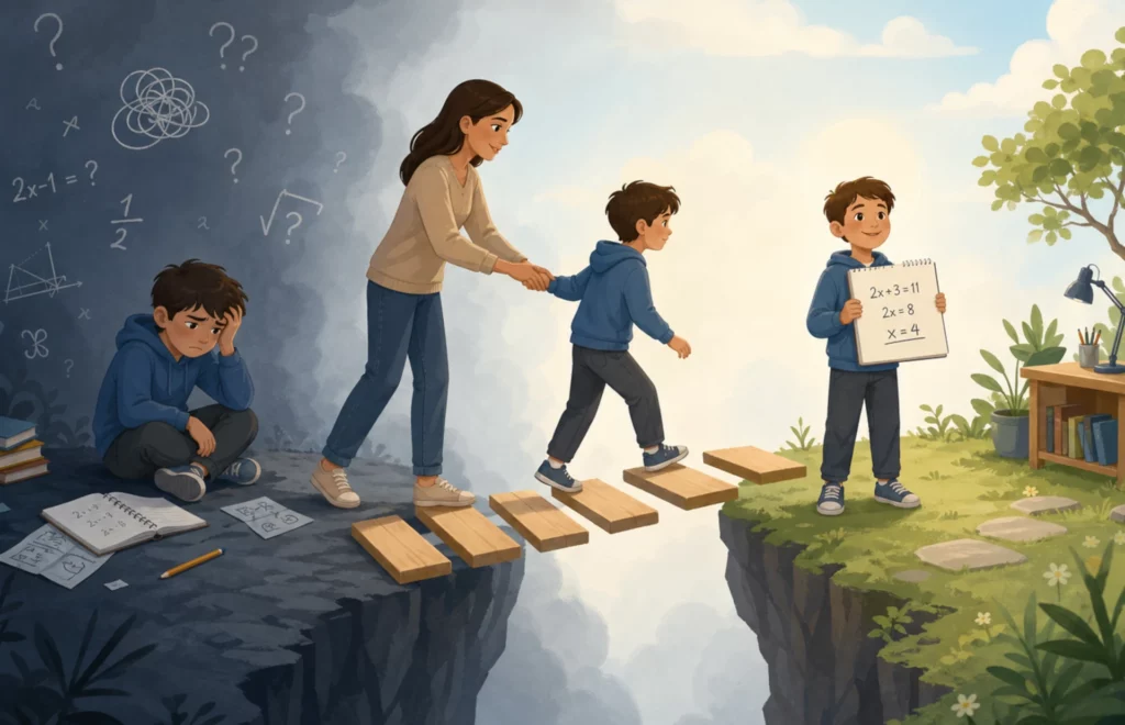 Un parent calme et aidant peut sortir son enfant du blocage et de la frustration et l'aider à s'épanouir en maths.